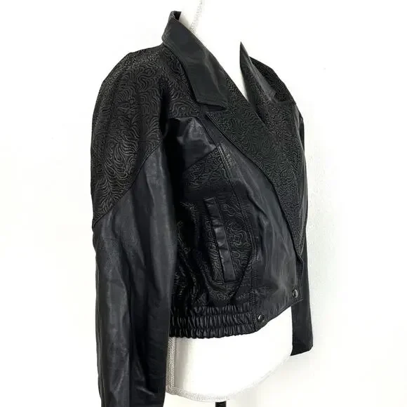 Vintage 80s Womens Black Leather Jacket Cropped Mob Wife Retro Moto Urban Medium - Picture 3 of 11